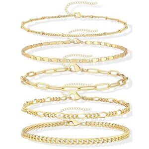 Gold Layered Bracelet Set 5 Chain Stackable Dainty Adjustable Womens Jewelry